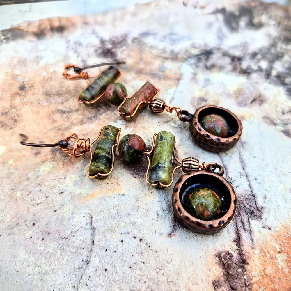Celtic-inspired Natural Unakite In Handwired Bohemian Copper Artifact Earrings - Picture 6 of 10
